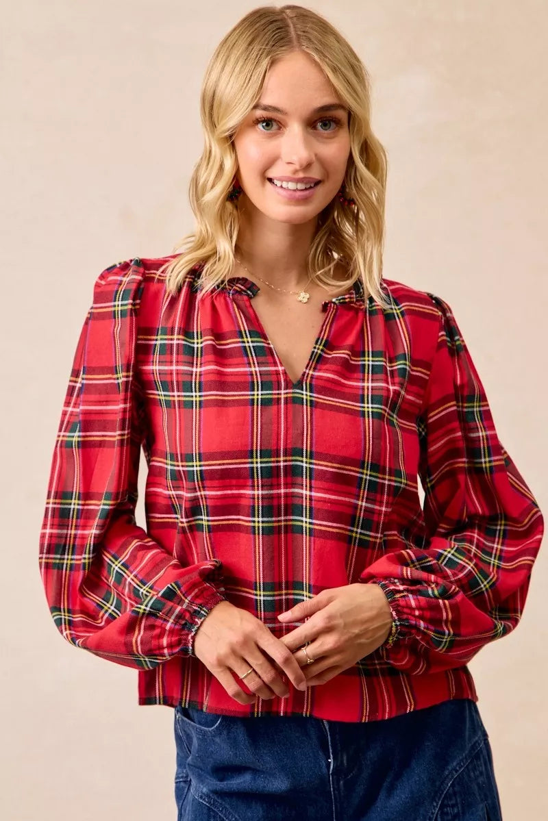 BiBi Christmas Plaid Balloon Sleeves Ruffled V-Neck Top RED PLAID 9615dfa6dfab4c18bb68bb5c84b71dcd-Max-Origin