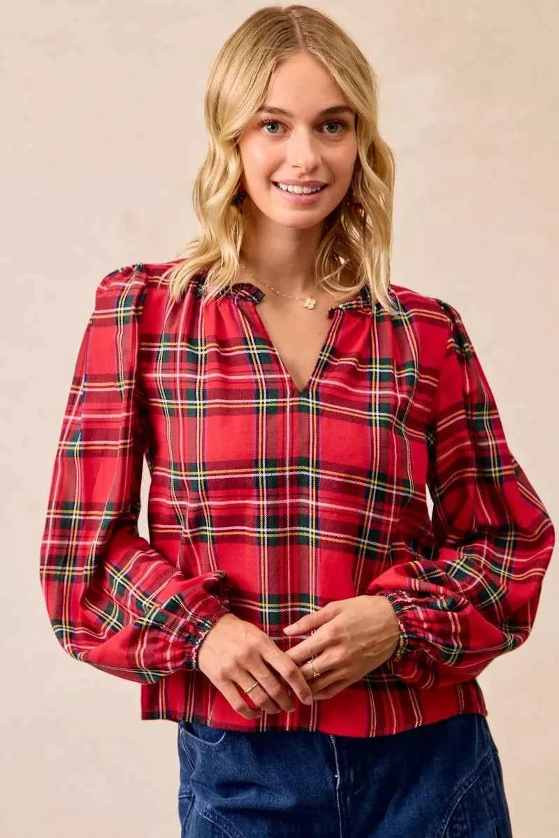 Christmas Plaid Balloon Sleeves Ruffled V-Neck Top RED PLAID 9615dfa6dfab4c18bb68bb5c84b71dcd-Max-Origin