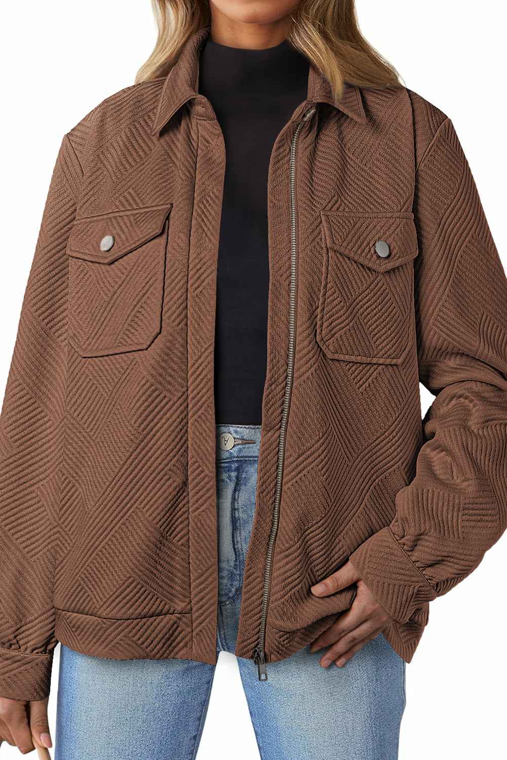 Blackish Green Solid Color Zip Up Button Flap Pocket Shirt Collar Jackets 961d95884163cd58