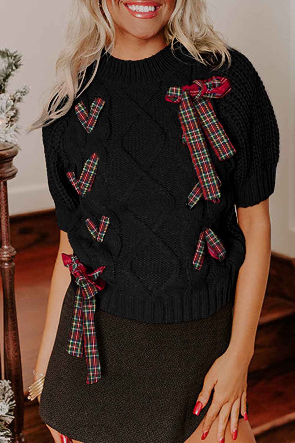 Fiery Red Plaid Lace-up Detail Christmas Holiday Puff Short Sleeve Sweater Black 60%Cotton+40%Acrylic 961e2f0c56bfbea1