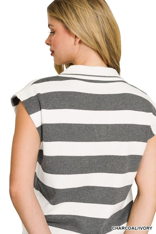 Viscose Striped Collared Sweater Vest 961e5511dfb9478385776bee516097c1-Max