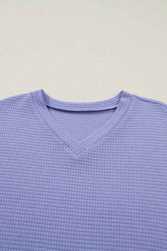 Solid Waffle Knit V-Neck Short Sleeve Top 9620c8c0-aaf2-4378-b4c1-a4cdcddf32c2