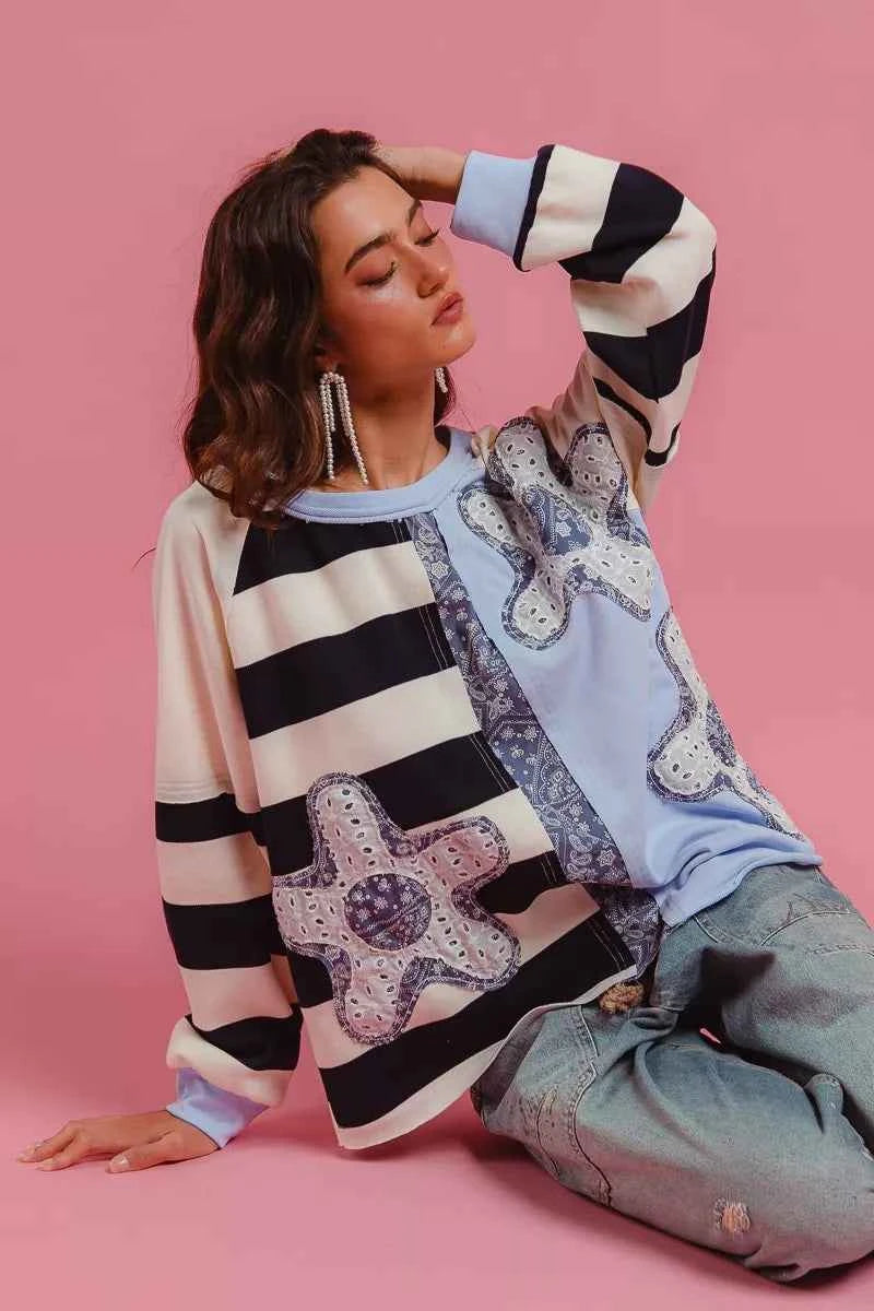 BiBi Patchwork Striped Round Neck Sweatshirt 96249ca28ded43f7b2f14535786bde0d-Max-Origin