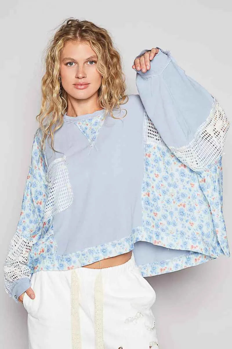 POL Round Neck Cropped Gauze Floral Pattern Top with Overlock Stitch Detail 96259579-a925-4ad6-9c9a-f6c012c172f8-Max-Origin