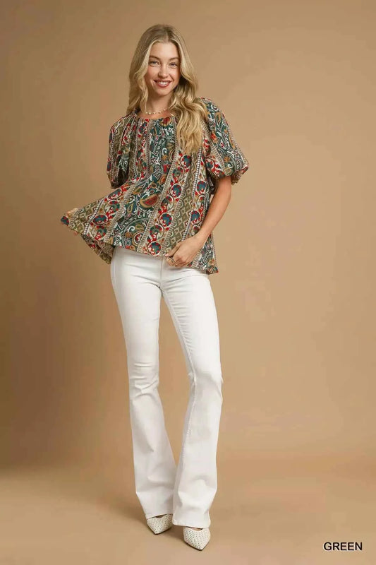 Boho Floral Stripe Puff Sleeve Blouse 9627a61b-a922-46ee-aed8-4075c621efc5-Max-Origin