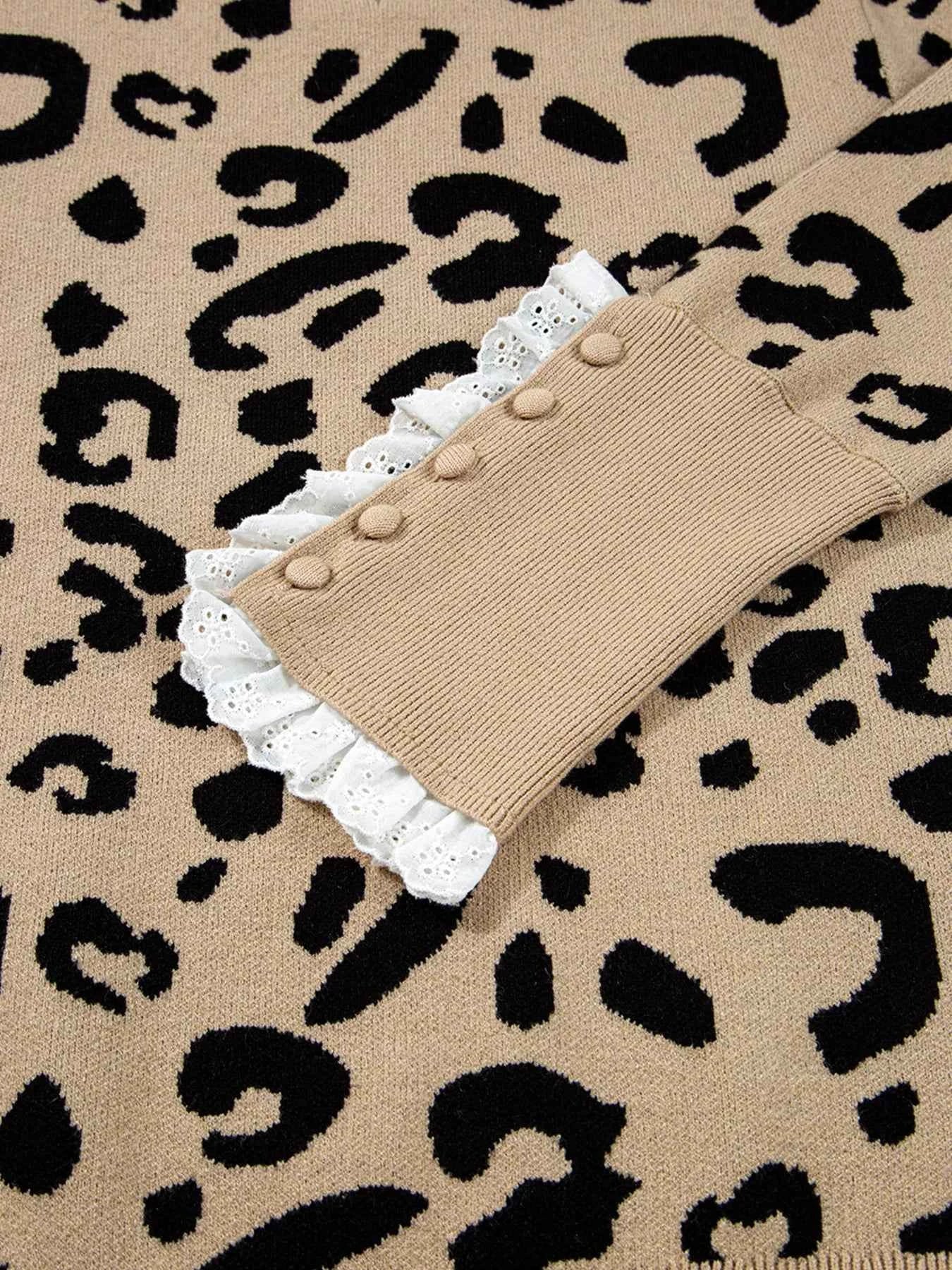 Leopard Pattern Lace Ribbed Detail Button Cuffed Sweater 962fde701e7c4c84bbcdccaf94e0b2a0-Max-Origin
