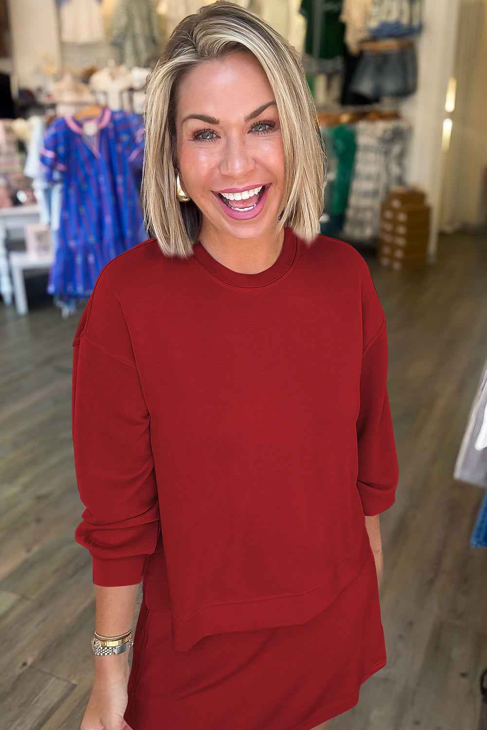 Coffee Solid Color Drop Shoulder Pullover Drawstring Mini Skirt Set 9631e640111456a0