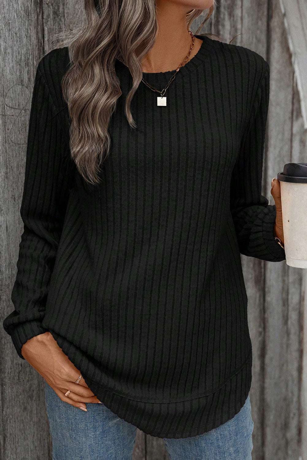 Black Ribbed Texture Round Neck Long Sleeve Rounded Hem Top 9639d52995646118