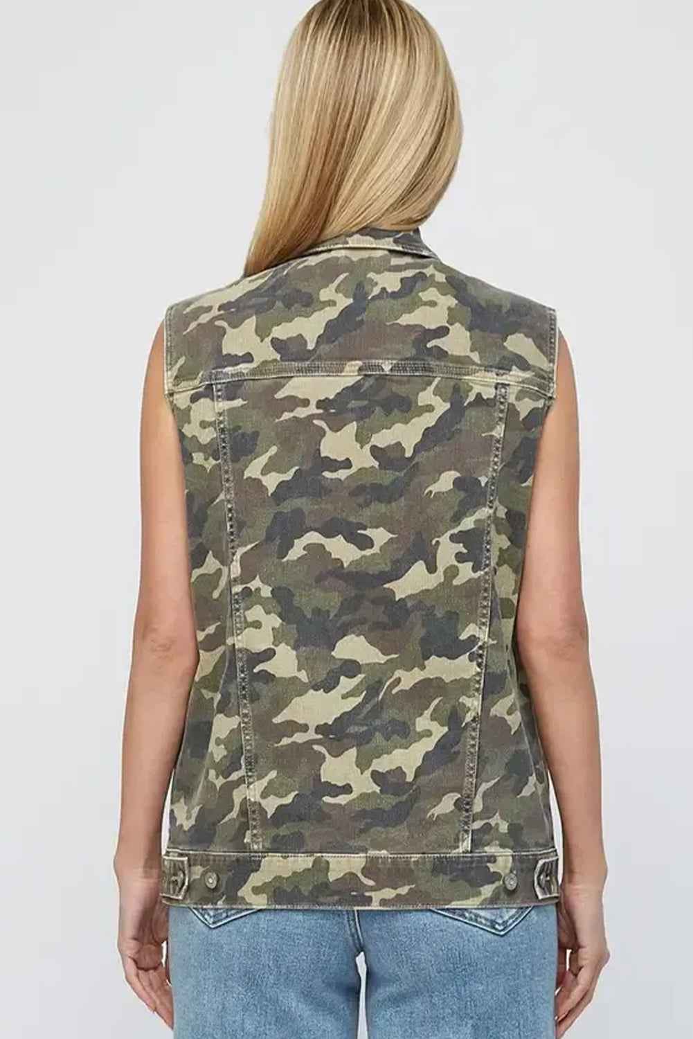 Green Camouflage Print Button Cargo Pocket Button Down Denim Vest 9643e8cd17b71b4d