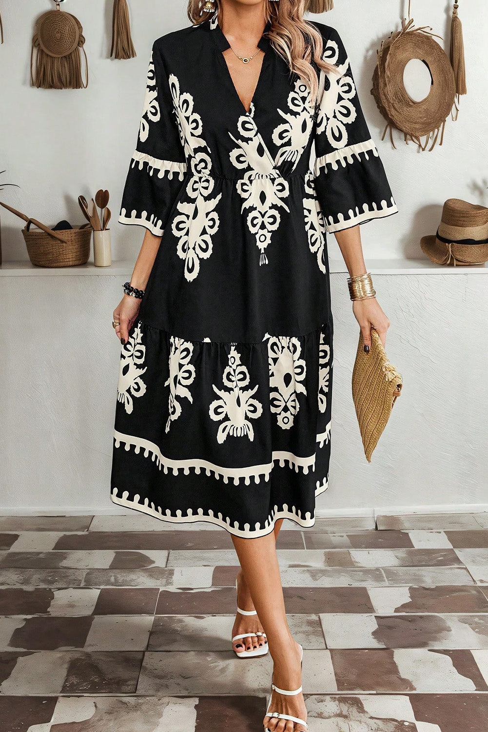 Black Ethnic Print 3/4 Sleeve Loose Midi Dress 96485fc5794ab3b0