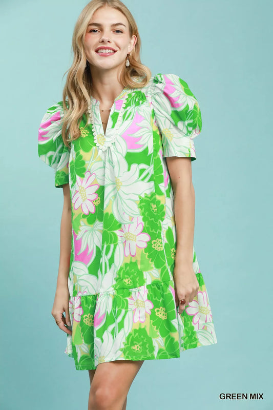 Floral Puff Sleeve Tiered Mini Dress GREEN MIX 965022c3-e0f1-4cef-9f88-11913595fc90-Max-Origin
