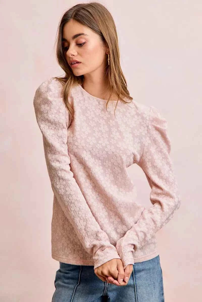 BiBi Textured Flower Knit Puff Shoulder Top 9651ccc15865401f91335156ebd3334e-Max-Origin