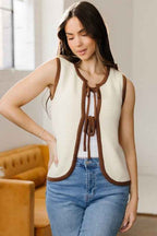 Contrast Trim Tie Front Ribbed Knit Sweater Vest White 96553a50-59a6-4025-acb2-9b8f398d9ac1