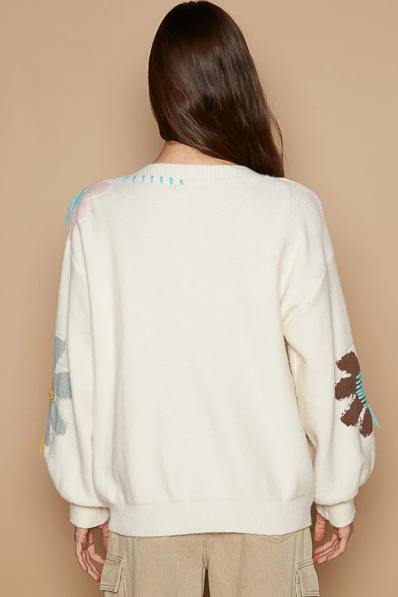 POL V-Neck Long Sleeve Flower Fringe Sweater 9655ee27-e1ef-4e7d-bcc9-96fe1e394f4d-Max