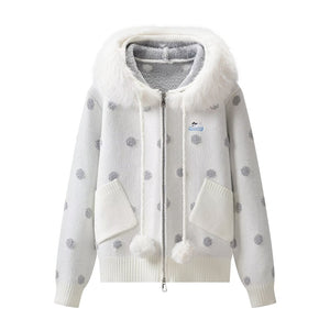 Hooded Fur-Collar Knit Jacket White 965EE785898E80E0C44DEACB5A5804B9