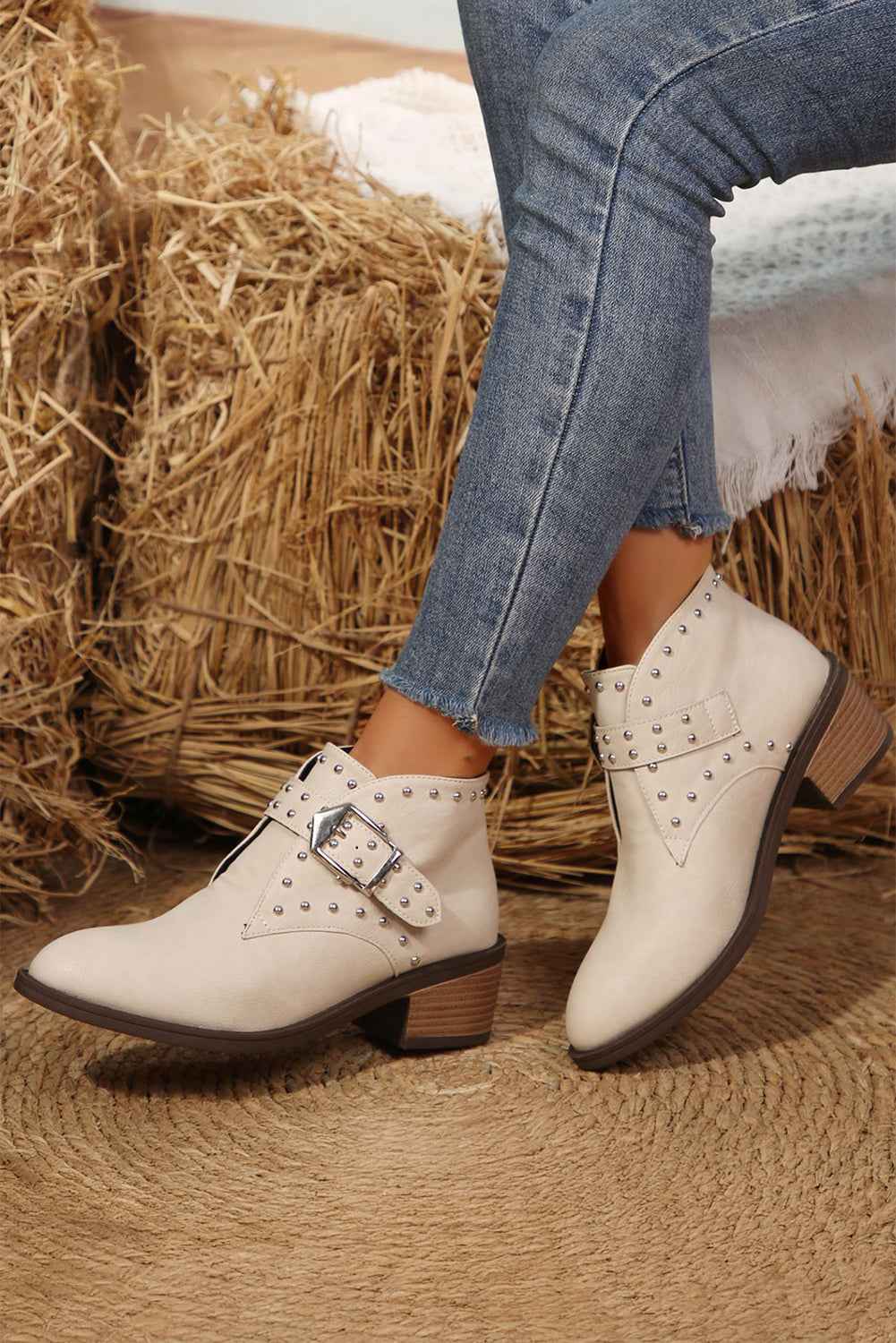 White Faux Leather Studded Pointed Toe Block Heel Ankle Boots 965b052d045fdcdf