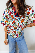 Multicolour Contrasted V Neckline Floral Puff Short Sleeve Blouse 96606c7ea0ea0ff7