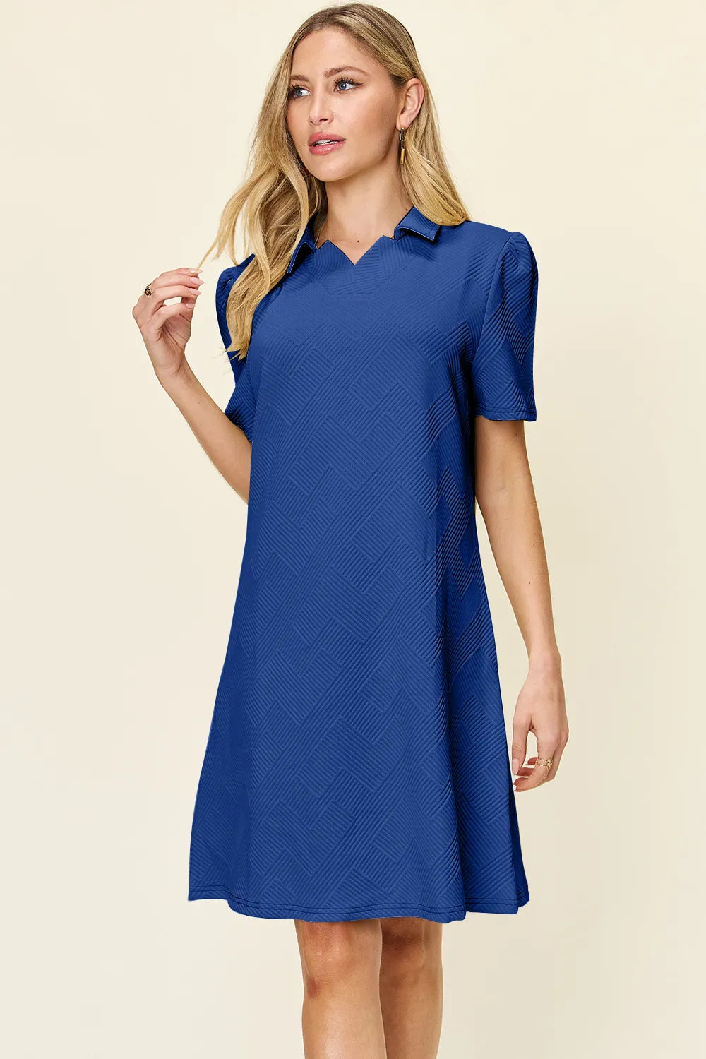 Double Take Full Size Texture Collared Neck Short Sleeve Dress Royal Blue 9662f50d-4f88-45bd-ac6c-c33f6dcc6890-Max