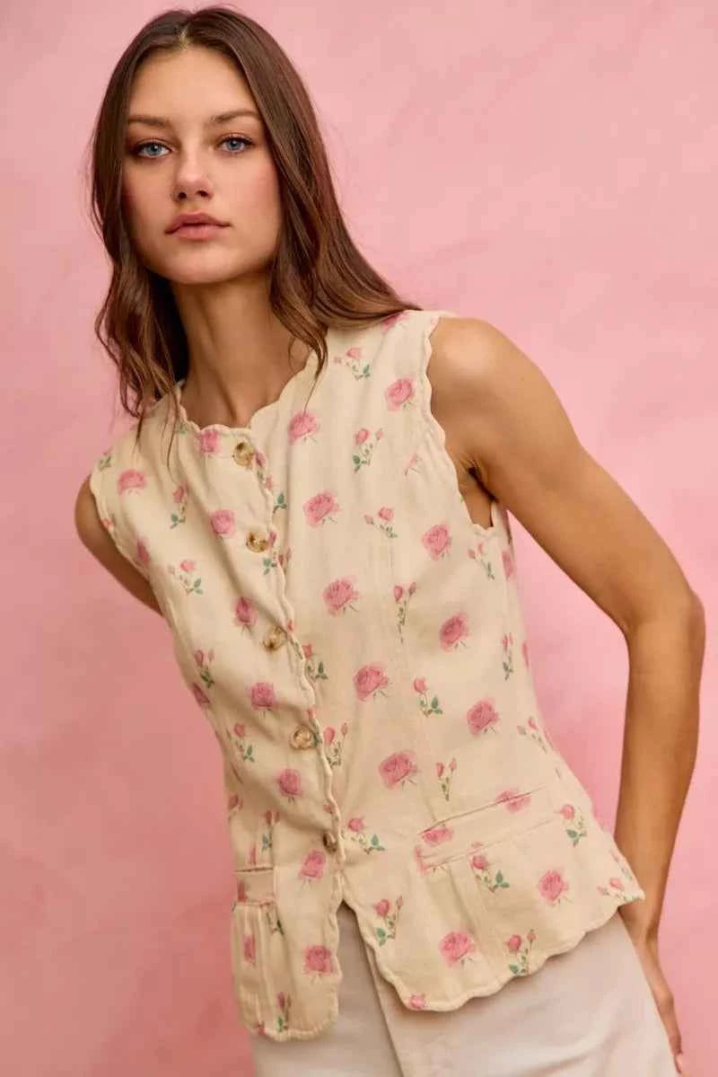 SO ME Floral Rose Cotton Twill Scallop Button Vest Top IVORY PINK 9664397e2a4741a8b9720c1ea9aa05a6-Max-Origin