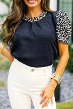 Ribbed Contrast Leopard Patchwork Short Sleeve Top 9664497e-2d99-4389-882c-8613c814cbb5-Max-Origin