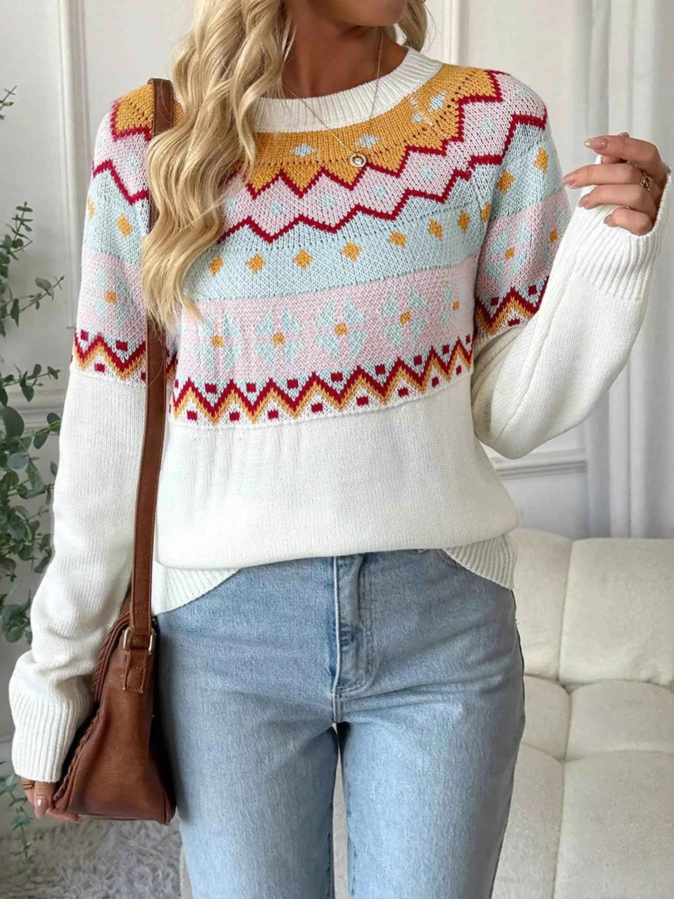 Contrast Round Neck Long Sleeve Sweater 9666829100e44b0ca2e7887ef796bbfc-Max-Origin