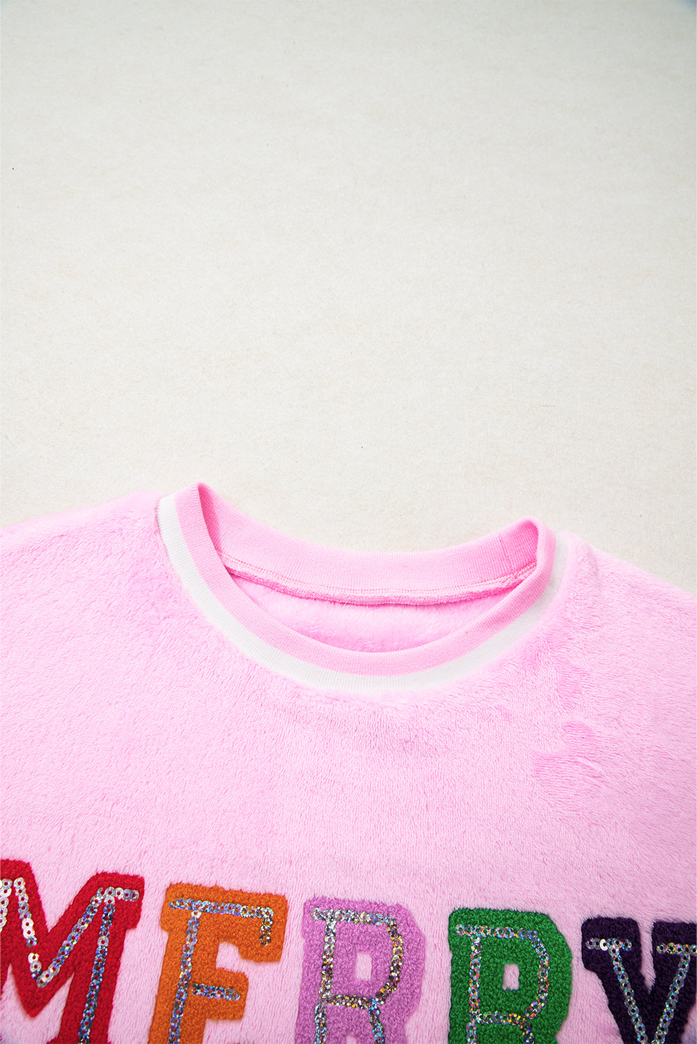 Sachet Pink Merry Letter Pattern Plush Pullover 966a295157a825b0