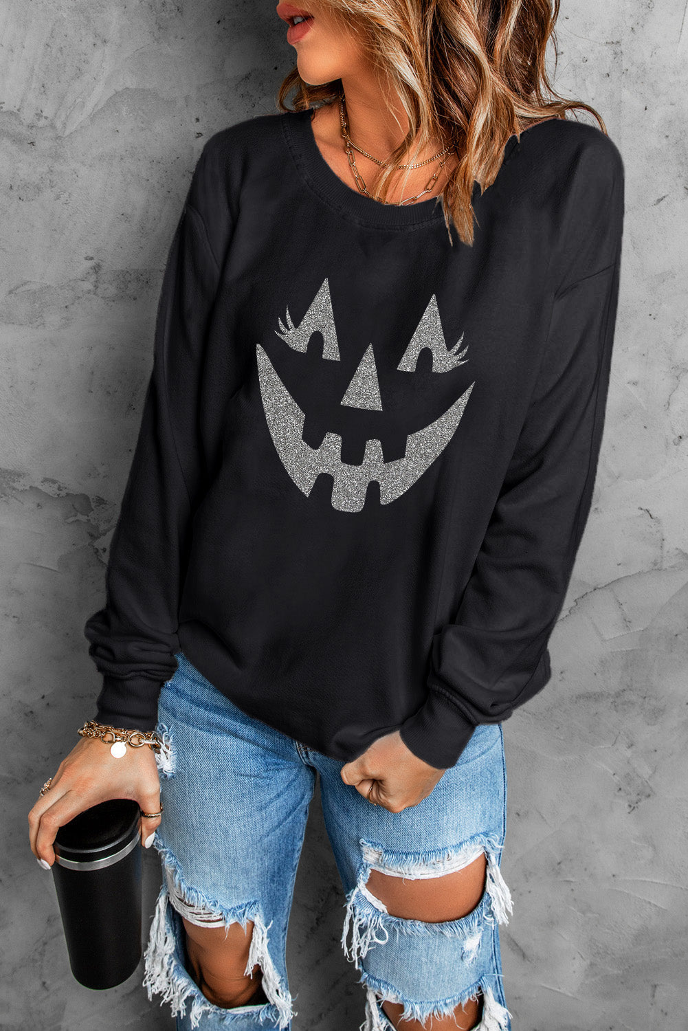 Black Spooky Halloween Transfer Vinyl Process Graphic Sweatshirt 966a42f85da398e0