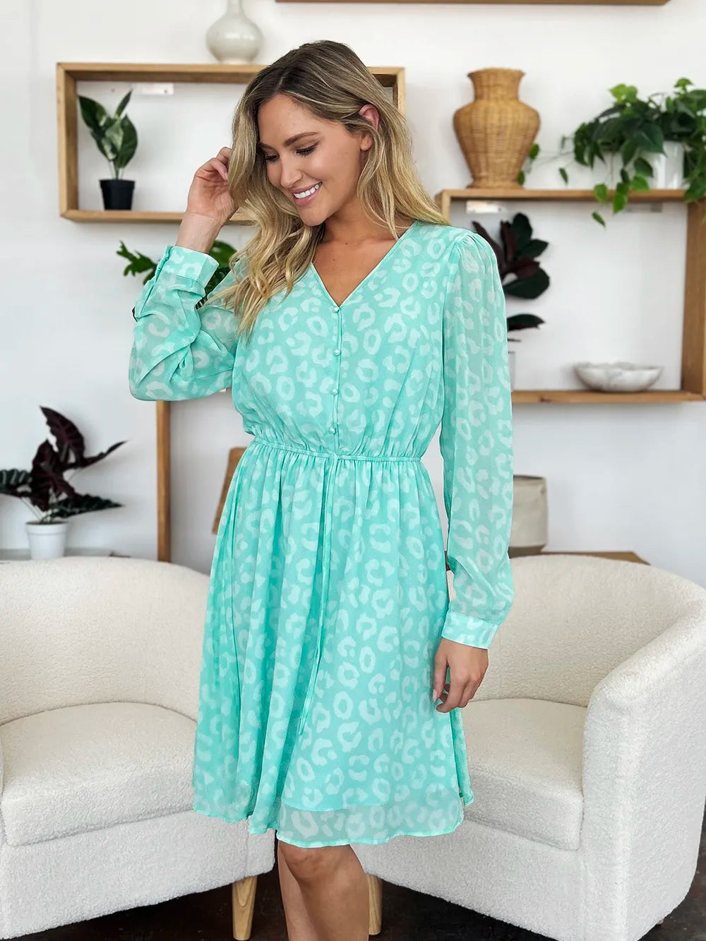 Double Take Full Size Printed Ruched V-Neck Long Sleeve Dress 966b047e-330d-47d8-b82f-ae689f9bb7a6-Max