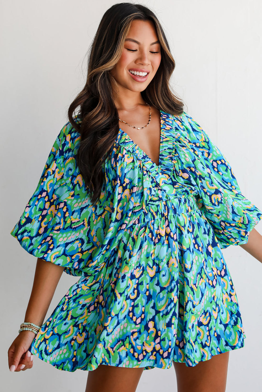 Pink Abstract Print Dolman Sleeve V Neck High Waist Romper 966b2e0ed15c1447