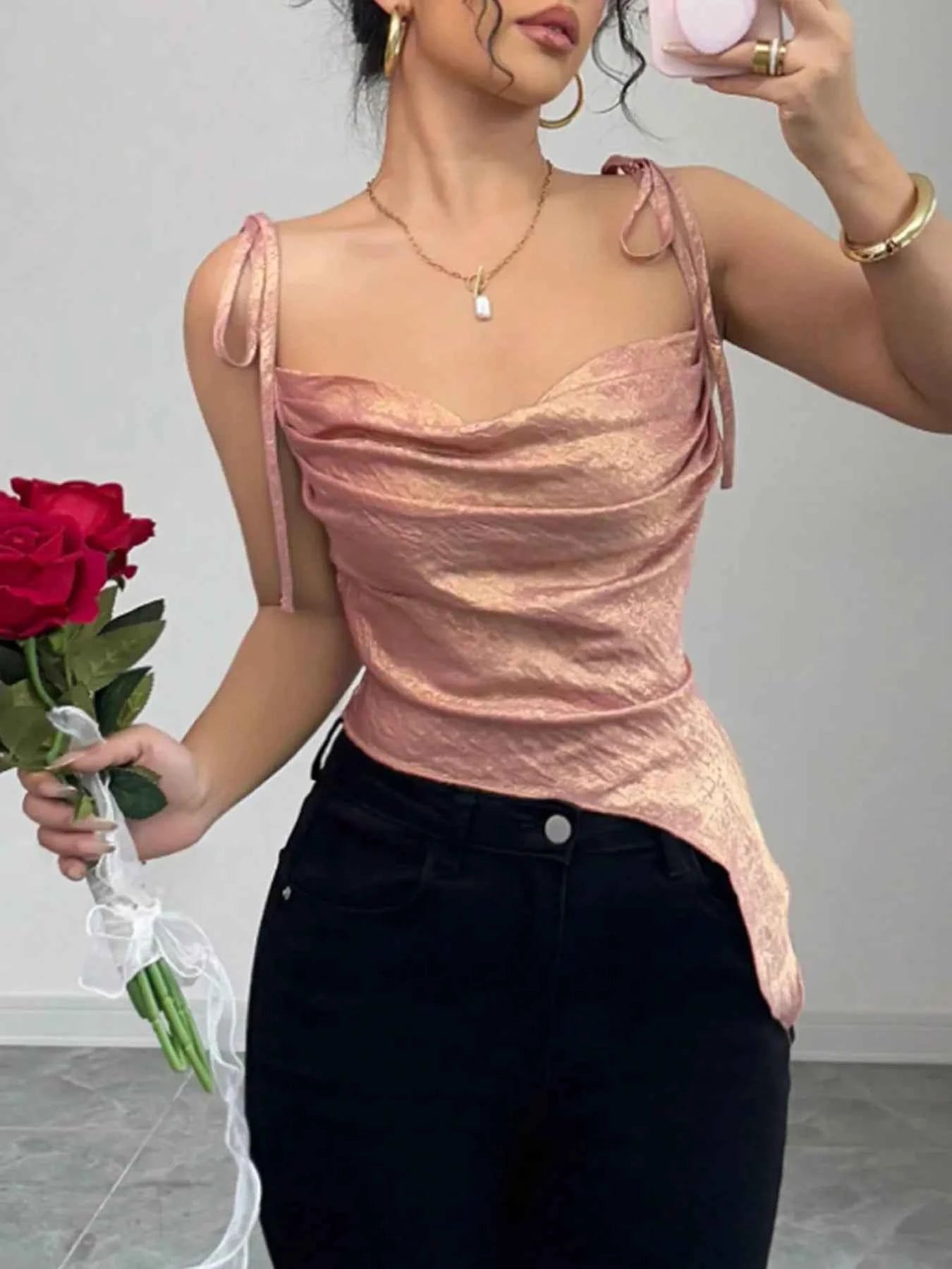 Tie Shoulder Cami Top with Ruched Detail 966caacb698d499fa6533905067ff441-Max-Origin