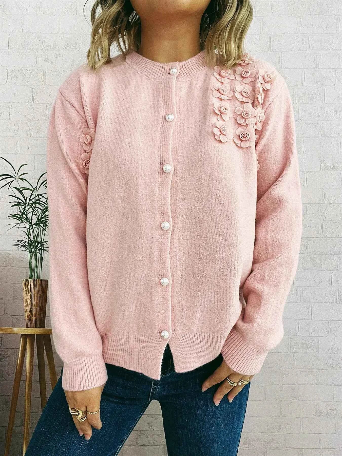 Flower Button Up Long Sleeve Cardigan Pink One Size 966e43a41efa4e0dbbf8de4d50d5cc88-Max-Origin