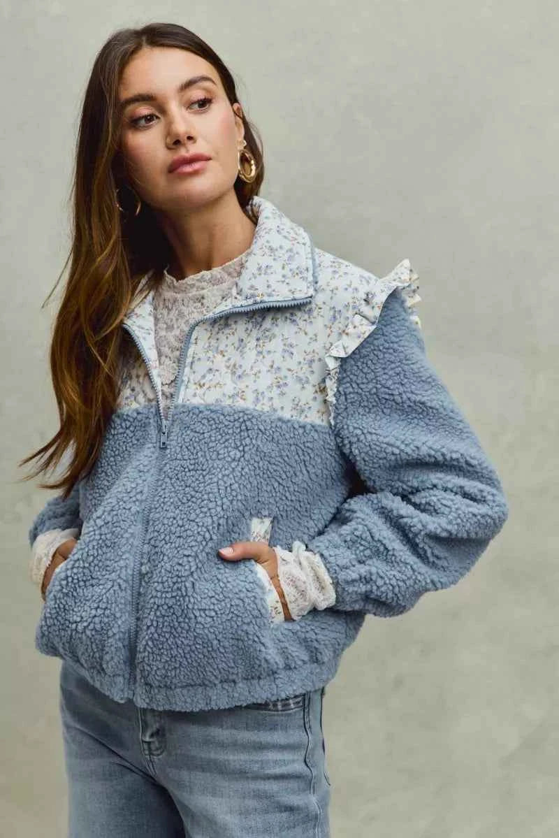 SO ME Faux Fur Sherpa Pull Jacket with Floral Contrast 96783771763843718c3f6f878d554a7e-Max-Origin