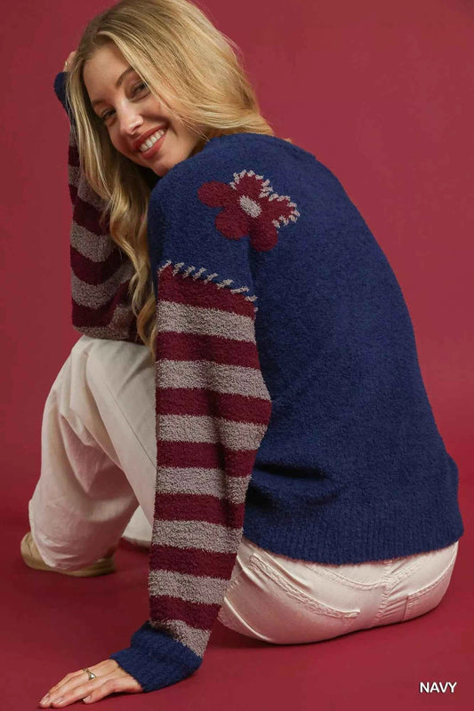 Flower Jacquard Striped Long Sleeve Sweater 967c1b5e-6d40-4d5b-bc4e-d0f352580cae-Max-Origin