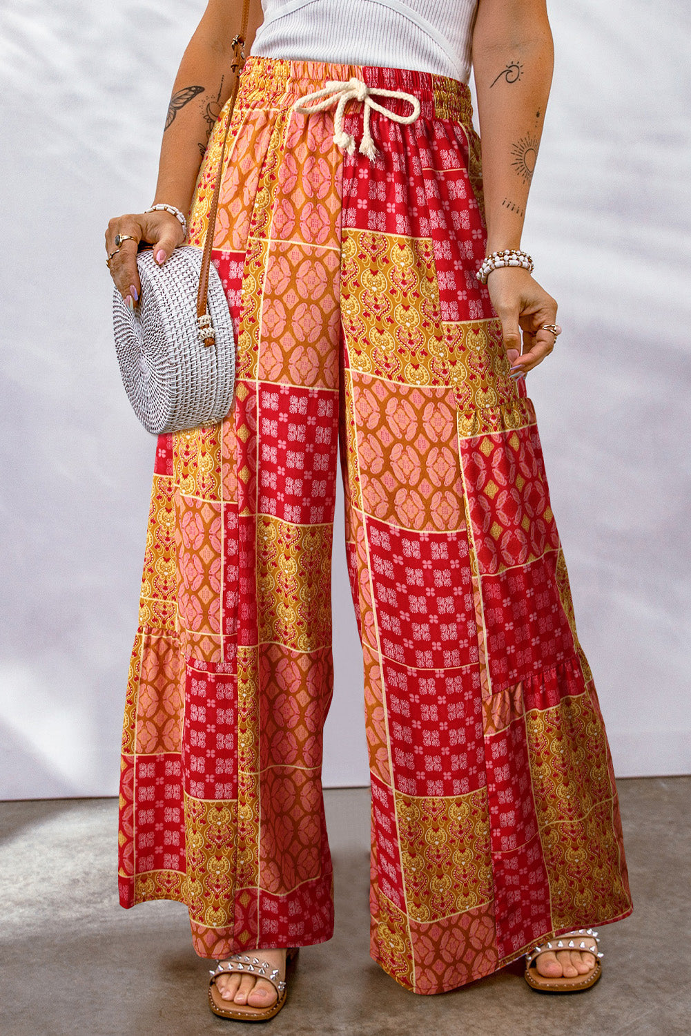 Bohemian Patchwork Drawstring Wide Leg Pants Red 9681460e4f624ac480524bcb46e2cd22-Max