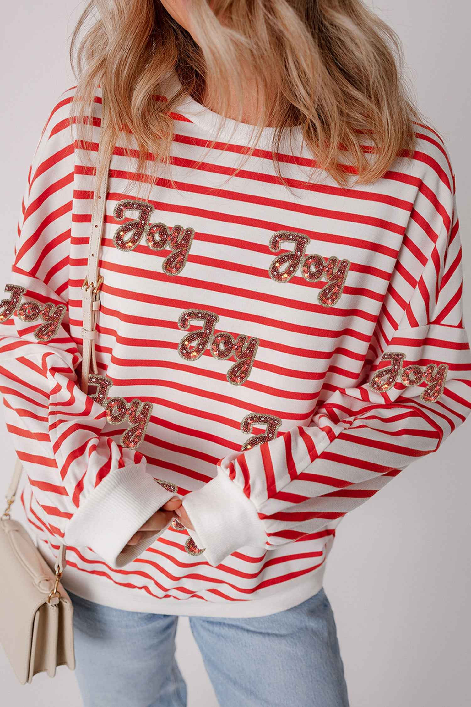 Orange Stripe Sequined Joy Pattern Patchwork Sleeve Round Neck Sweatshirt 9685386d84fbdd3e