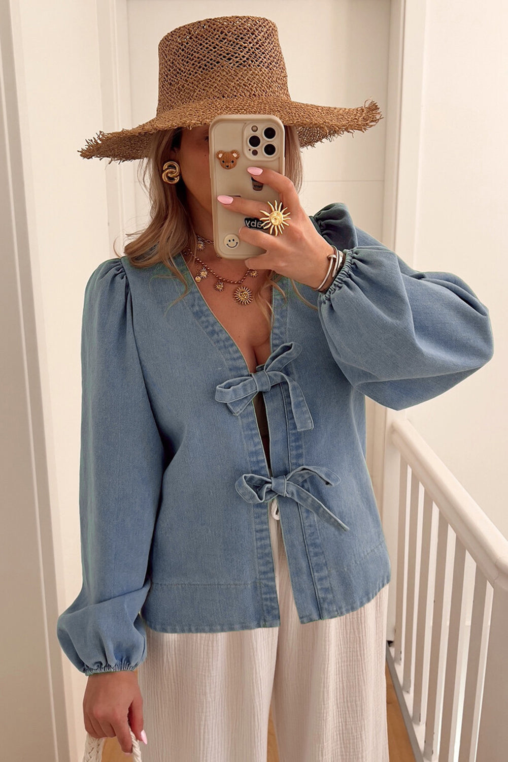 Dusk Blue Bow Tie Front Puff Sleeve Denim Top 96876ea20d38adf5