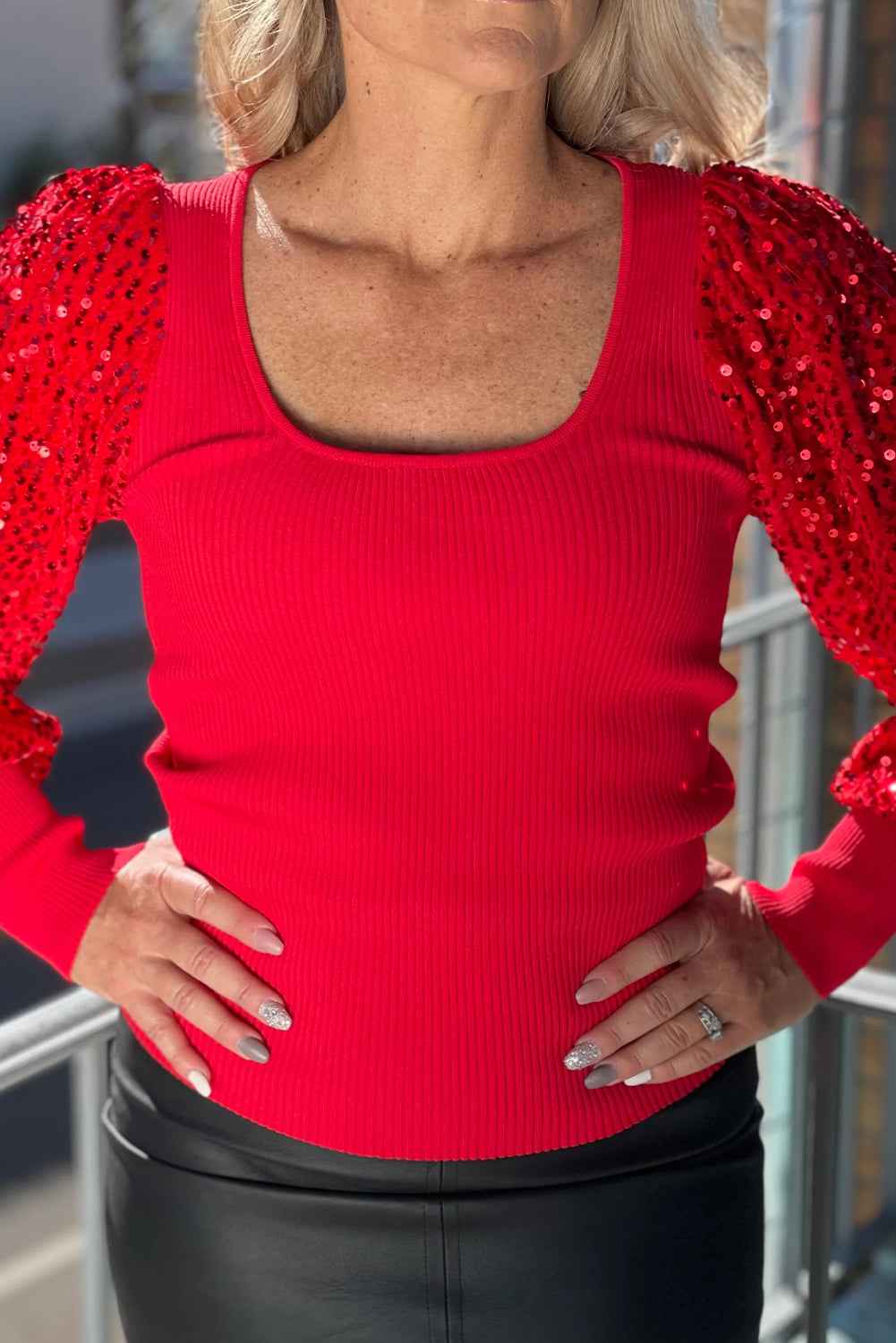 Fiery Red Sequin Sleeve Patchwork Ribbing Knit Square Neck Holiday Sweater 9688f9e9ecd14d99