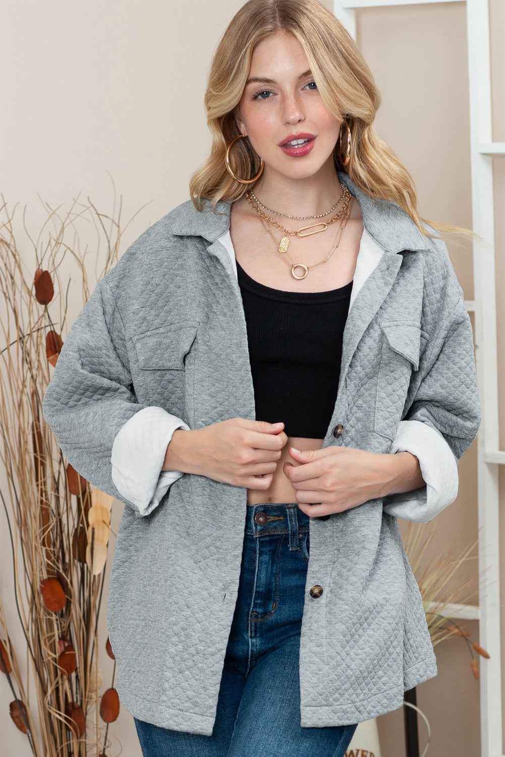 Gray Lattice Texture Retro Flap Pocket Button Quilted Shacket 968b20ff01e4f945