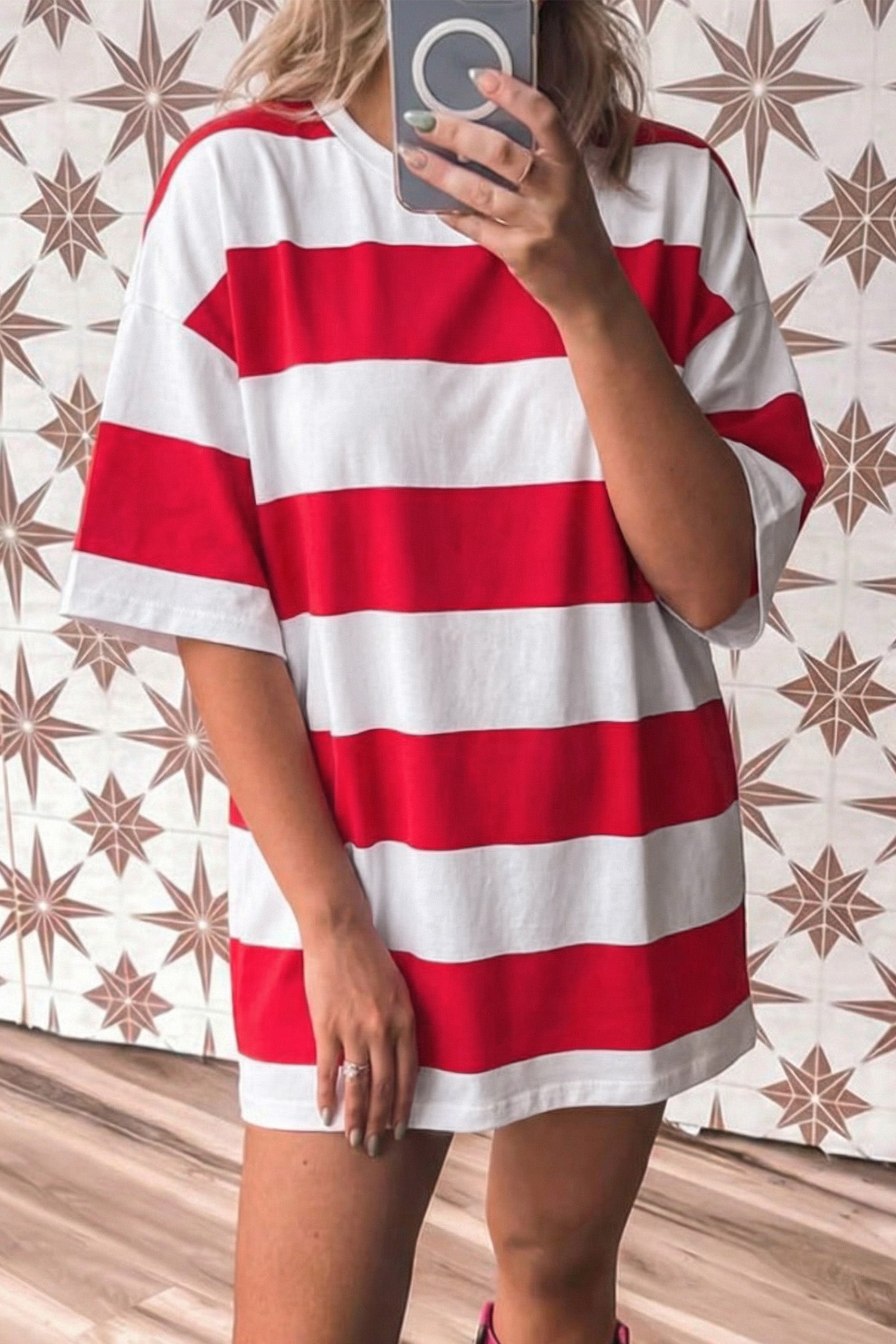 Racing Red Striped Color Block Oversize Tunic Tee Racing Red 95%Cotton+5%Elastane 968c5fd5825791b9
