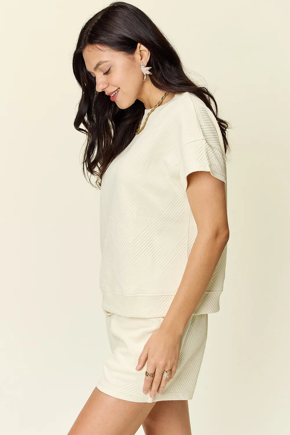 Double Take Full Size Texture Short Sleeve T-Shirt and Drawstring Shorts Set 968f9679-0fdd-4f8a-bcb3-ea726bcec97f-Max