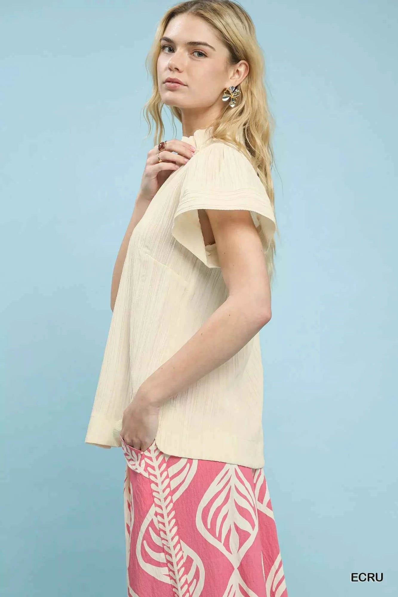 Umgee Texture Flutter Sleeve Notched Blouse 969340d8-eb0c-406f-8455-4e881a1dbc4b-Max-Origin