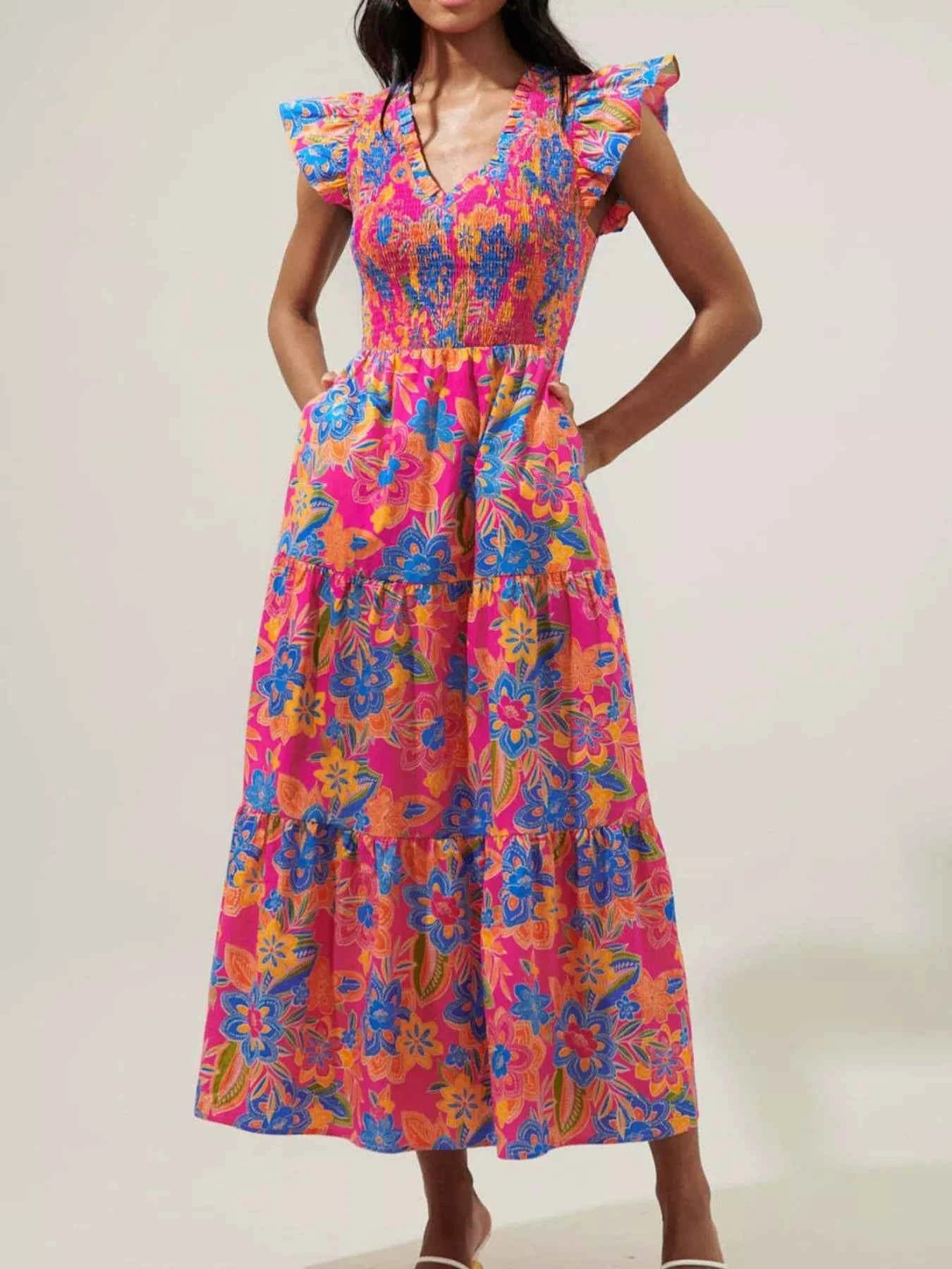 Ruffled V-Neck Tiered Midi Dress Deep Rose 9696c65e-c9e8-4bdd-bd34-8a6b140f95ad-Max-Origin