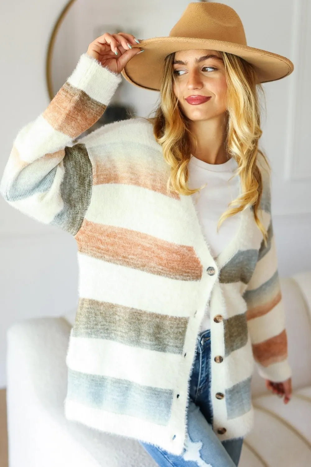 Haptics Full Size Button Down Stripe Soft Fuzzy Sweater Cardigan Ivory Rust Olive 969763ef-76d5-4762-a28d-8b3b0d997bed-Max
