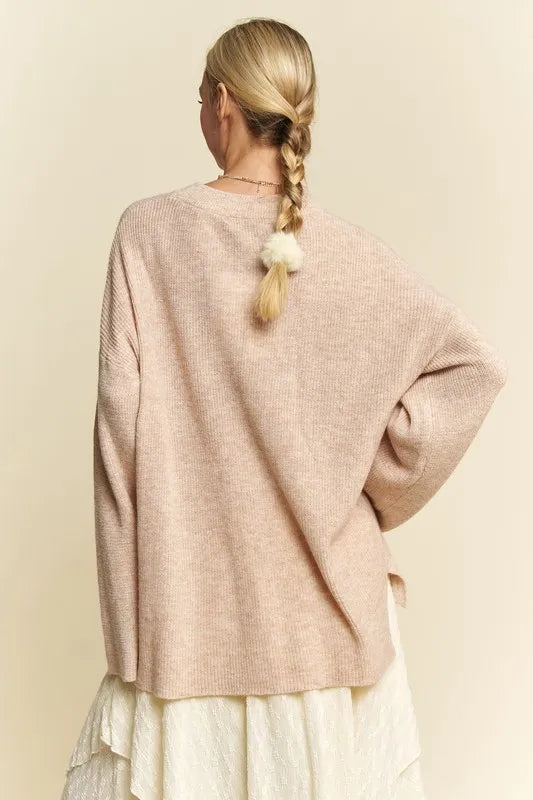 Davi & Dani High-Low Round Neck Drop Shoulder Sweater 96a4cd70-755f-437d-a5b9-47b7d0c4373e-Max