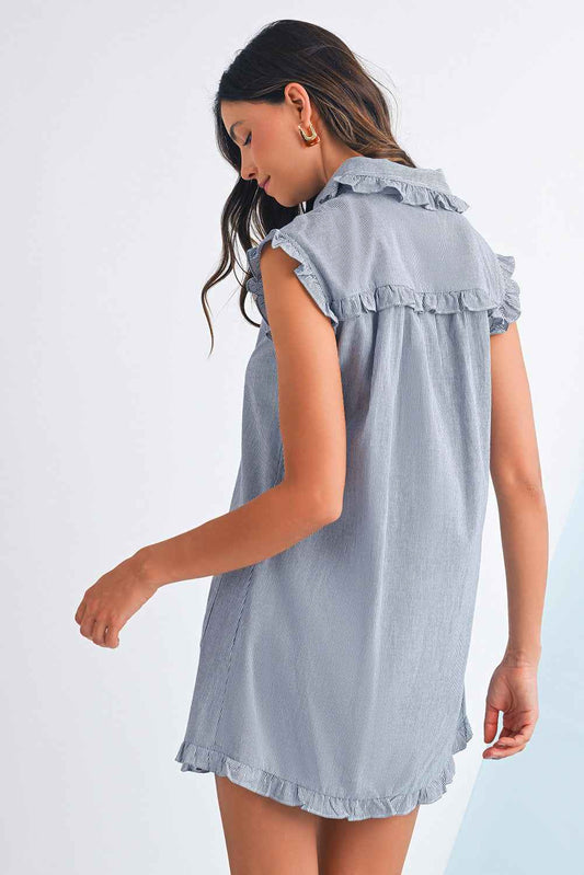 Green Stripe Frill Trim Pocket Button Up Mini Dress 96a5f8297f341ca0