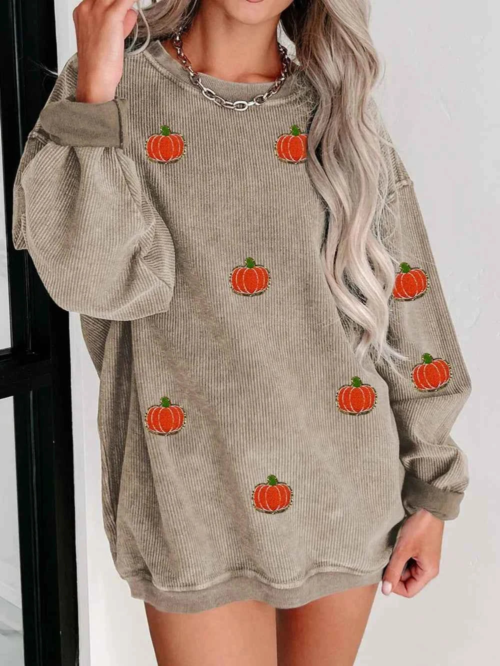 Pumpkin Round Neck Long Sleeve Sweatshirt Dust Storm 96ab8a16-25c1-428f-82b3-6a45585e22d2-Max