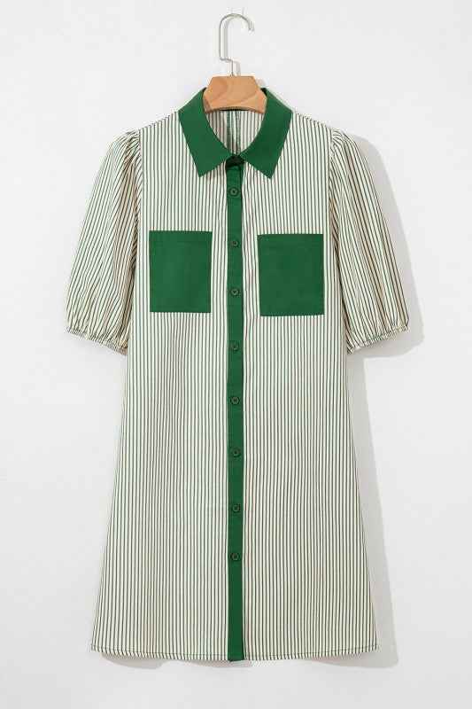 Stripe Patchwork Chest Pocket Mini Shirt Dress 96ac862e-ccd4-4672-988e-74198f70e53d