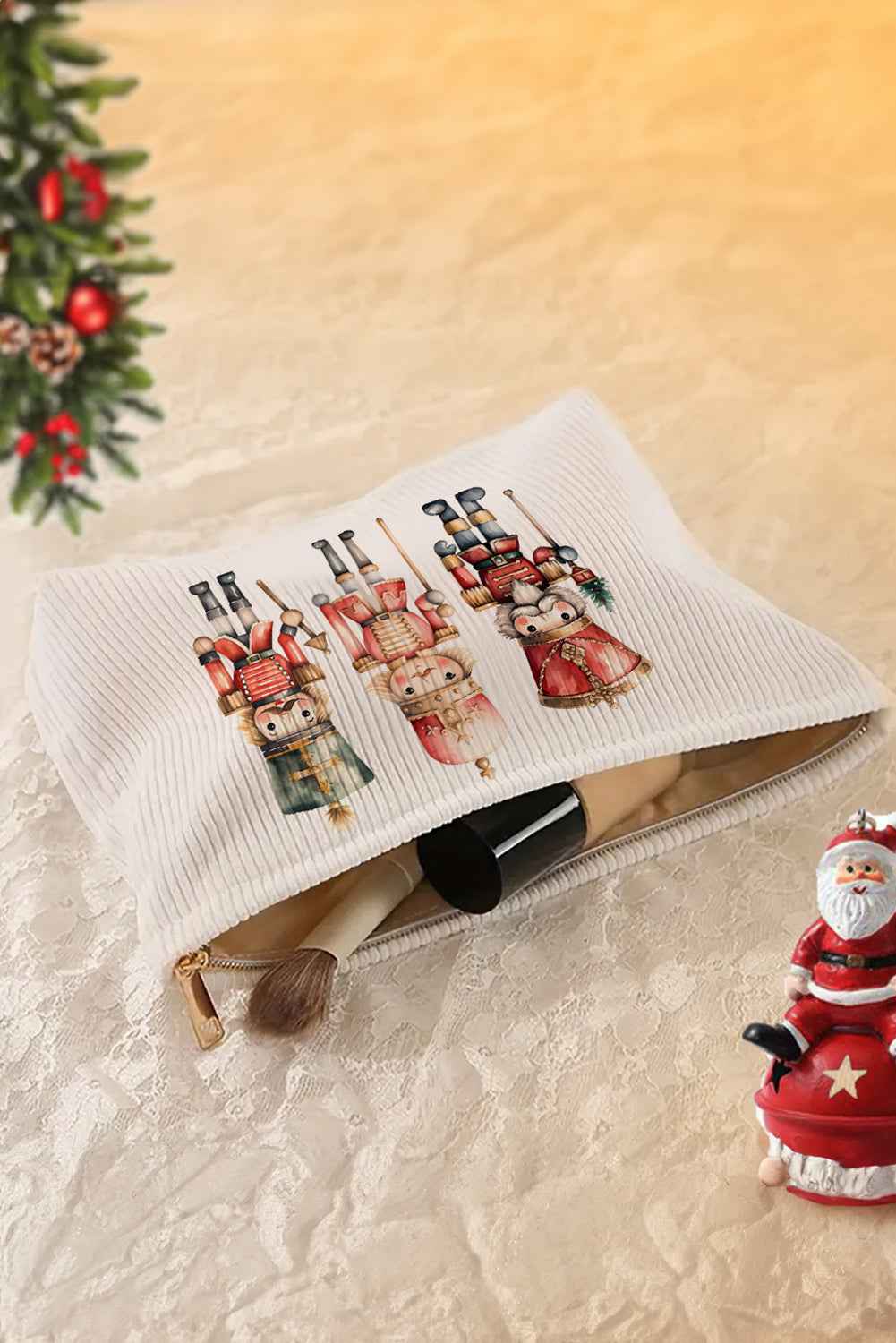 Pink Christmas Santa Claus Corduroy Zip Up Cosmetic Bag 96ac9be56d08bfca