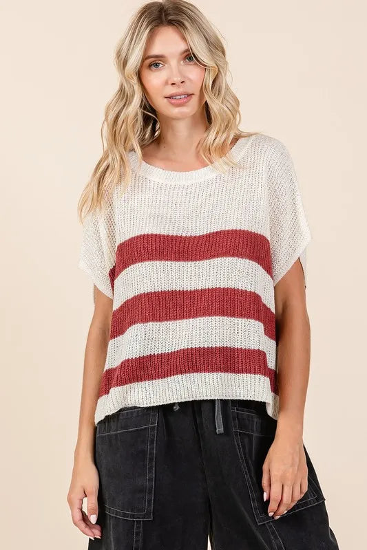 Mittoshop Contrast Striped Round Neck Short Sleeve Sweater 96beae30-985c-4743-b751-4fa58997d2a0-Max
