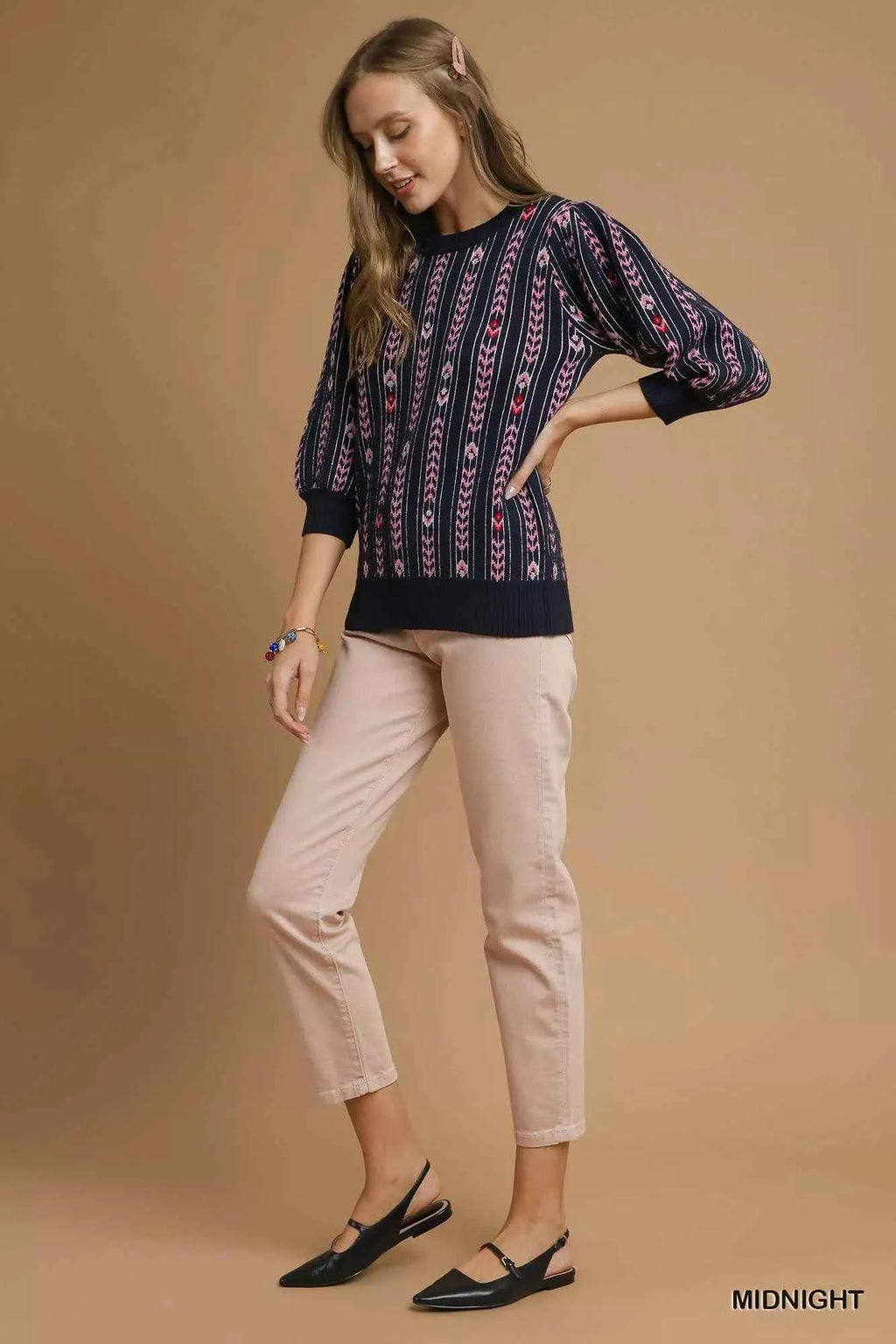 Umgee Jacquard Knit Puff Sleeve Sweater 96bf1c88-8da2-4fe9-8eca-7d27db14fe00-Max-Origin